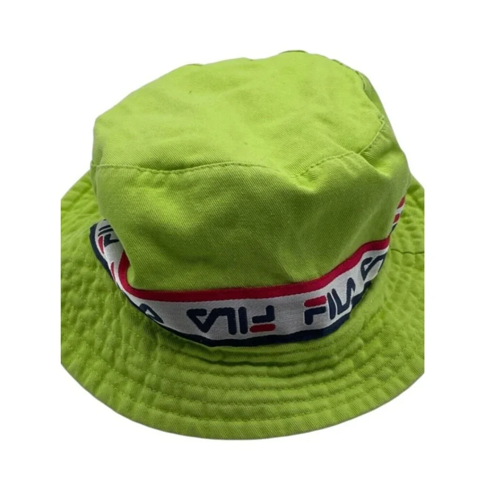 FILA Cotton Bucket Hat Neon Green All Over FILA Hat Band Unisex One Size RARE